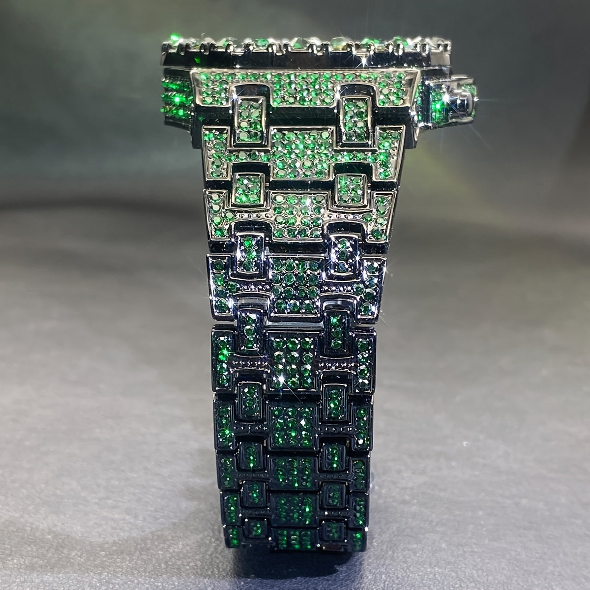 Men's Hip-hop Watch, Dating Party Men's Watch, Large Dial Green Ice Rhinestone, Luminous Pointer Clock, Men's Luxury Gift