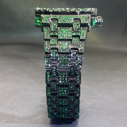 Men's Hip-hop Watch, Dating Party Men's Watch, Large Dial Green Ice Rhinestone, Luminous Pointer Clock, Men's Luxury Gift