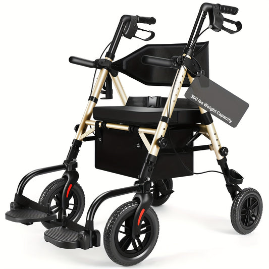 Foldable Rollator Walker with Seat - Heavy-Duty 300 lb Capacity, Lightweight 2-in-1 Mobility Aid with Adjustable Height Seat & Handle, All-Terrain Wheels, Linear Brakes, Ergonomic Backrest & Cushioned Seat - Ideal for Seniors