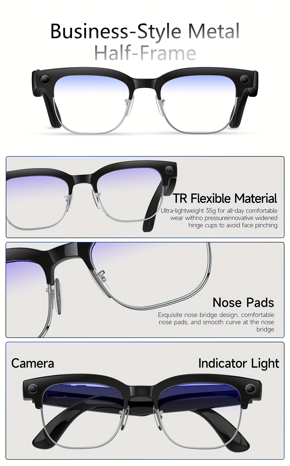 New Smart AI Glasses for Photo And Video Recording, with 800W Pixel Ultra-wide Camera, High-definition Video 1080P, Anti-shake for Photography And Video, Blue Light Blocking, Dual-mic Noise Reduction, AI Voice Control, Wi-Fi