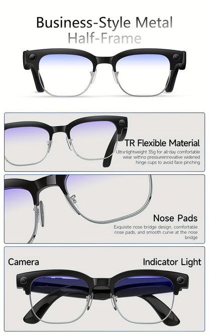 New Smart AI Glasses for Photo And Video Recording, with 800W Pixel Ultra-wide Camera, High-definition Video 1080P, Anti-shake for Photography And Video, Blue Light Blocking, Dual-mic Noise Reduction, AI Voice Control, Wi-Fi