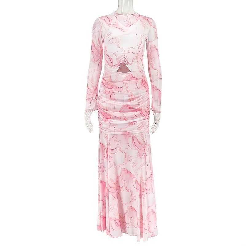 ARTPAGE Style New Sweet Printed Women'S Clothing Splicing Slim Pleated Hip Skirt High Collar Long Sleeve Dress Trend