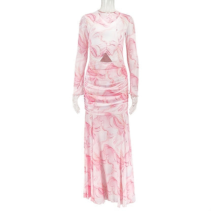 ARTPAGE Style New Sweet Printed Women'S Clothing Splicing Slim Pleated Hip Skirt High Collar Long Sleeve Dress Trend