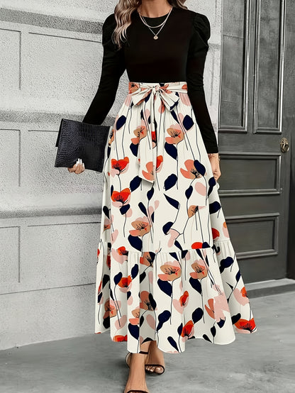 Women'S Navy Blue Floral Tie-Waist Maxi Dress | Retro Elegant Style, Suitable for Daily Streetwear, Light Social Occasions, and Chic Gatherings