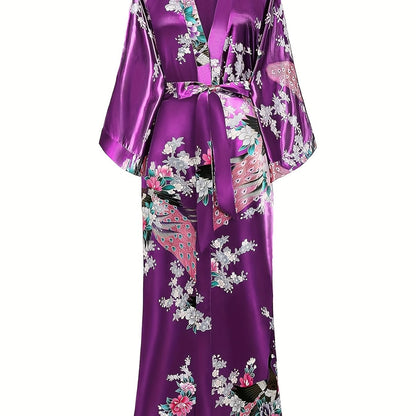 Elegant Floral Kimono Women's Robe - Soft and Light Beige-Friendly V-Neck Geometric Pattern All-Season Comfortable Casual Pajamas Pajamas
