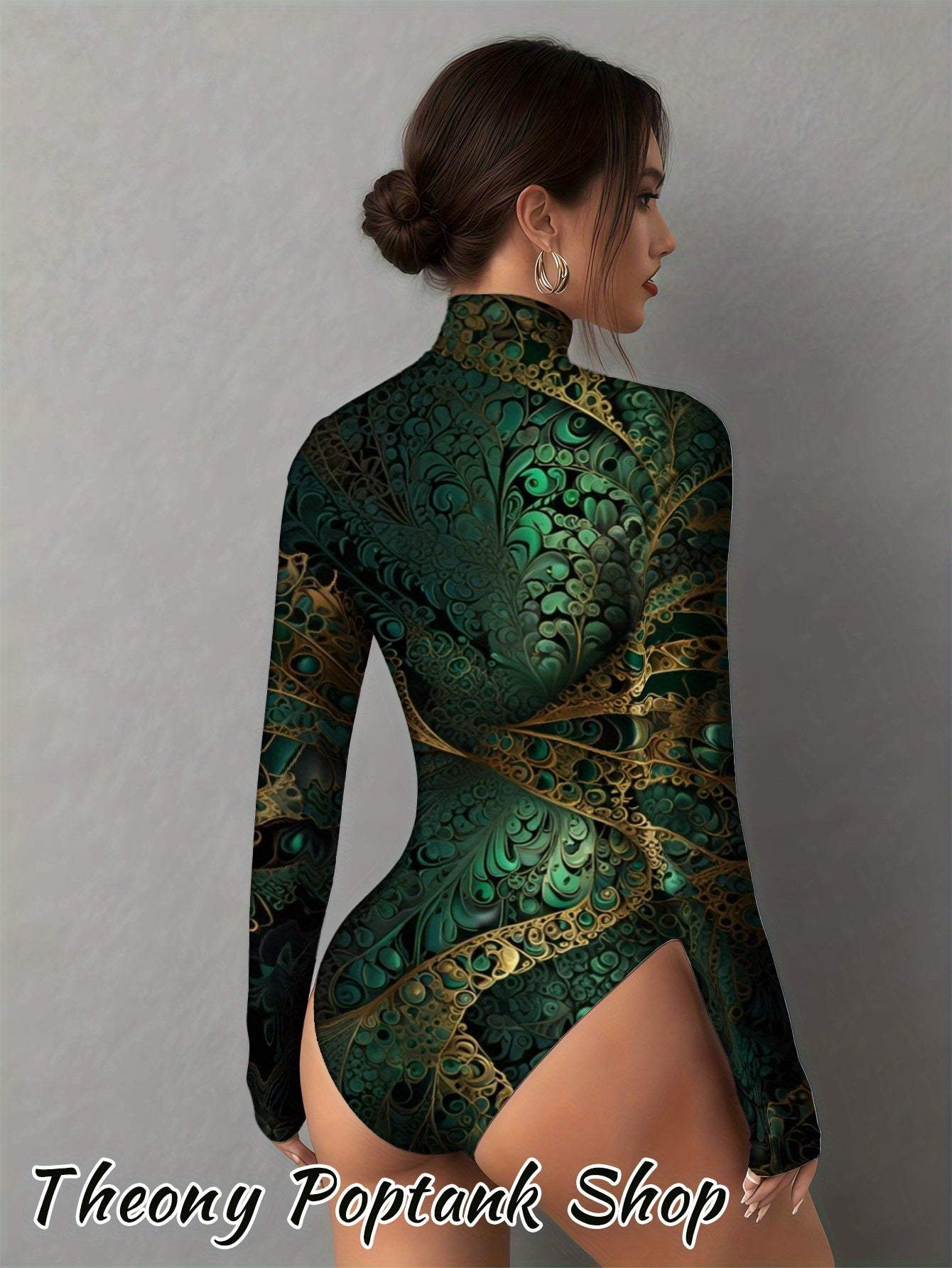 Women's Thermal Long Sleeve Bodysuit with Emerald Fractal Art Print - Soft Round Neck Winter Jumpsuit, Solid Color Blouse for Layering, Machine Washable Fall & Christmas Outfit, Comfortable Versatile Basic Wardrobe Staple