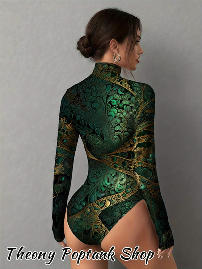 Women's Thermal Long Sleeve Bodysuit with Emerald Fractal Art Print - Soft Round Neck Winter Jumpsuit, Solid Color Blouse for Layering, Machine Washable Fall & Christmas Outfit, Comfortable Versatile Basic Wardrobe Staple