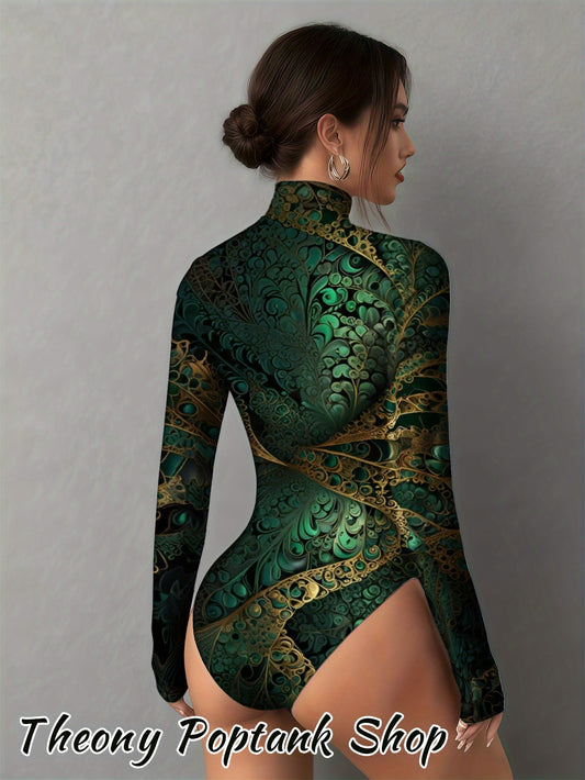 Women's Thermal Long Sleeve Bodysuit with Emerald Fractal Art Print - Soft Round Neck Winter Jumpsuit, Solid Color Blouse for Layering, Machine Washable Fall & Christmas Outfit, Comfortable Versatile Basic Wardrobe Staple
