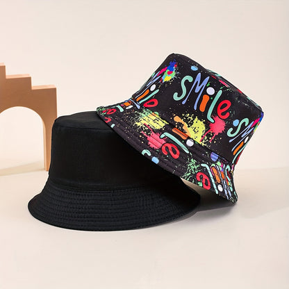 Bucket Hat - Unisex - Graffiti Print - Reversible Closure - Hand Washable - 100% Polyester Lightweight Fabric - Tie-Dye Pattern - Handmade Printing - All-Season Outdoor Fashion Accessory - For New Year Celebration