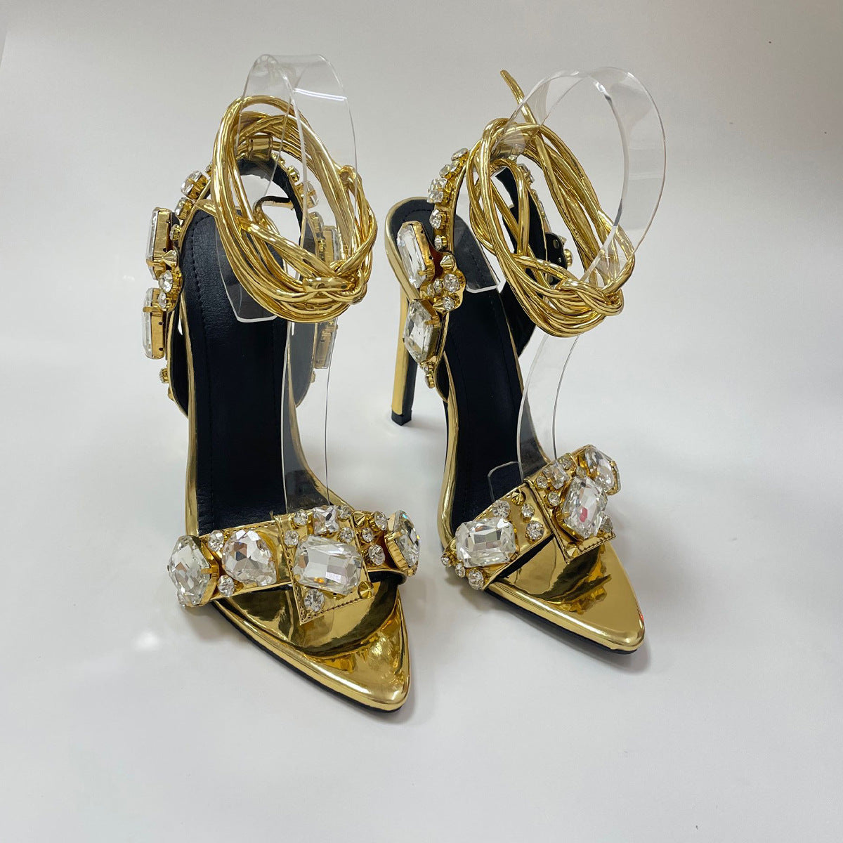 Women'S Rhinestone-Adorned Cross Strap Open-Toe High Heel Sandals - Ultra-High Stiletto Heels, PU Cover Upper & Lining, European & American Style Elegant Party & Formal Dress Shoes with Cushioned Insole, Durable Rubber Sole -