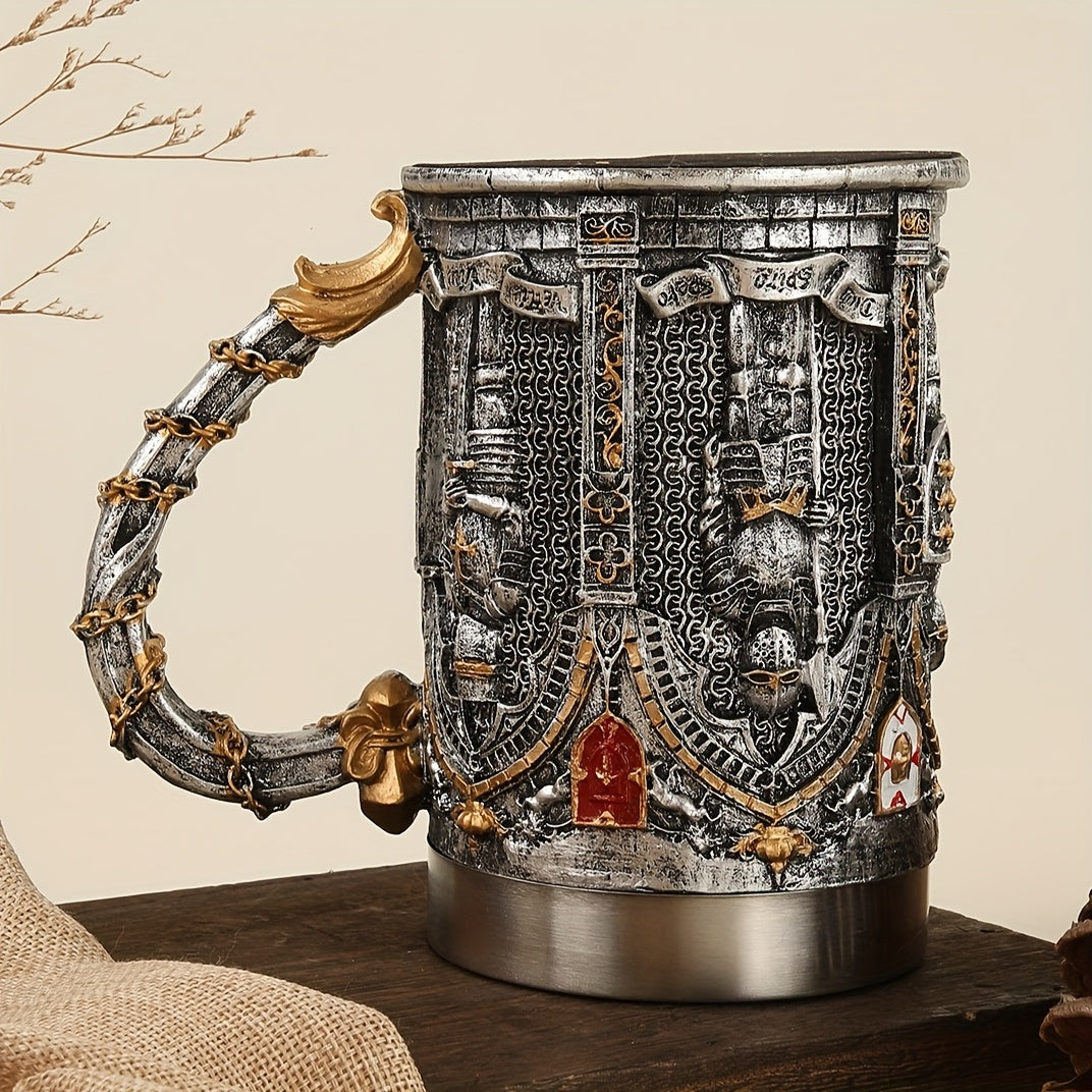 Medieval Knight Stainless Steel Mug with Gothic Castle & Chainmail Design - Heavy-Duty 201 Stainless Steel Cup, Golden ccent Lid & Chain Ring Handle for Renaissance Fairs, Themed Parties, Role-Play Events (Hand Wash Only) - D