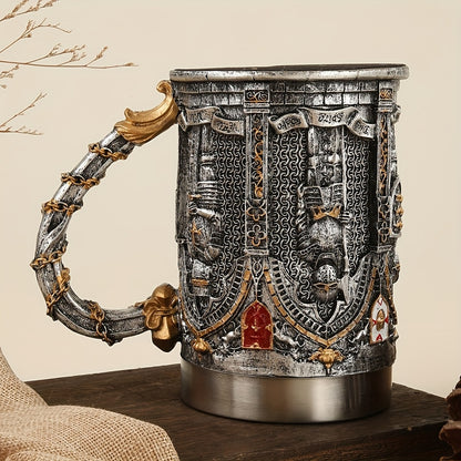 Medieval Knight Stainless Steel Mug with Gothic Castle & Chainmail Design - Heavy-Duty 201 Stainless Steel Cup, Golden ccent Lid & Chain Ring Handle for Renaissance Fairs, Themed Parties, Role-Play Events (Hand Wash Only) - D