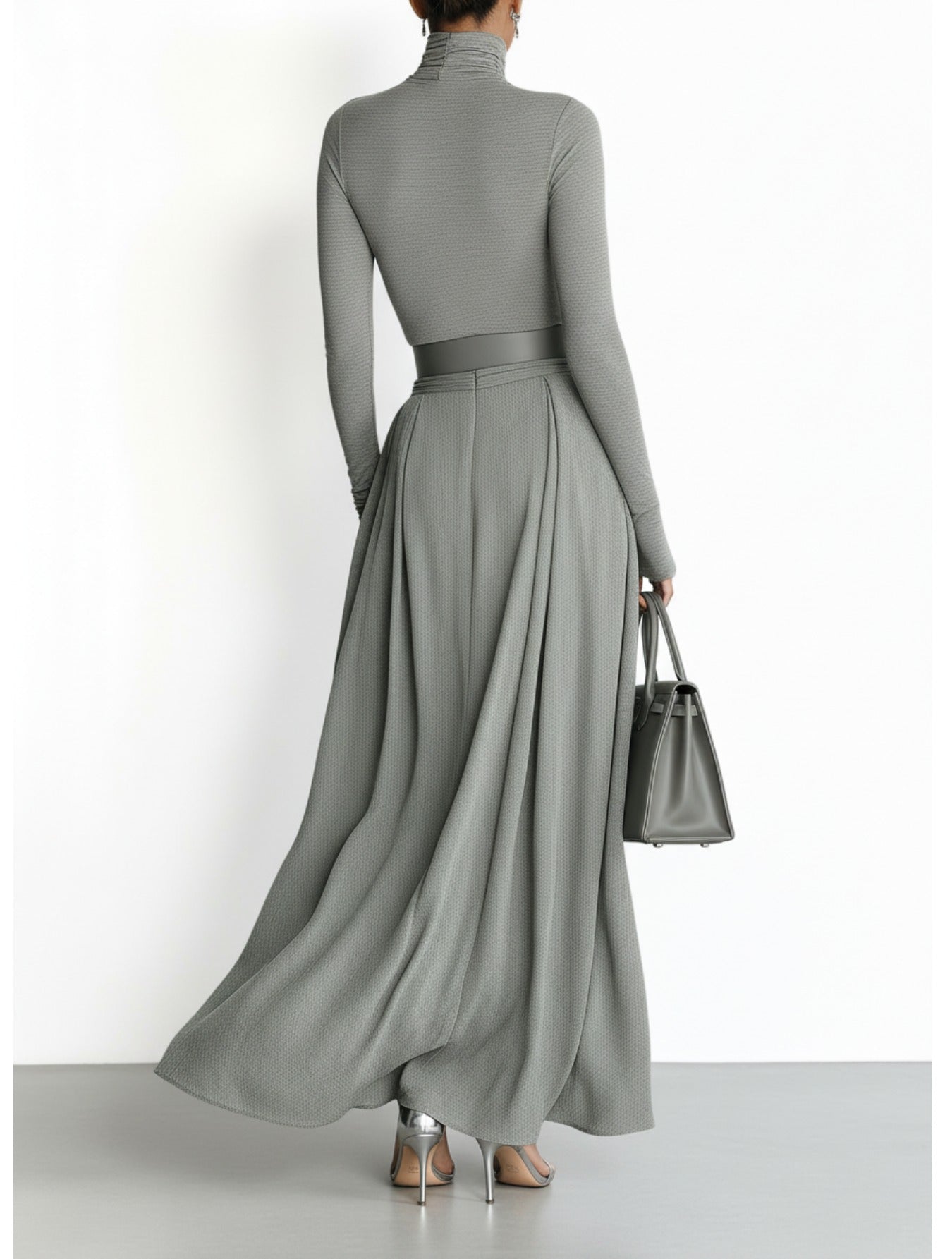 ' Gray Turtleneck Waist-Cinched Belt & Slit Maxi Dress - Elegant Fitted Workwear Dress Suitable for Daily Commute, Office, Weddings, Parties - Solid Color Winter Dress