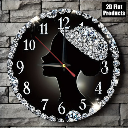 2D Flat 1pc Diamond Woman Silhouette Wall Clock, 9.8" Round Wooden Kitchen Decor with Sparkling Rhinestones, Easy to Read, Silent, No Drip, Requires 1 AA Battery, Bedroom, Office, Bedroom Wall Clock | Elegant Wall Clock | Woo