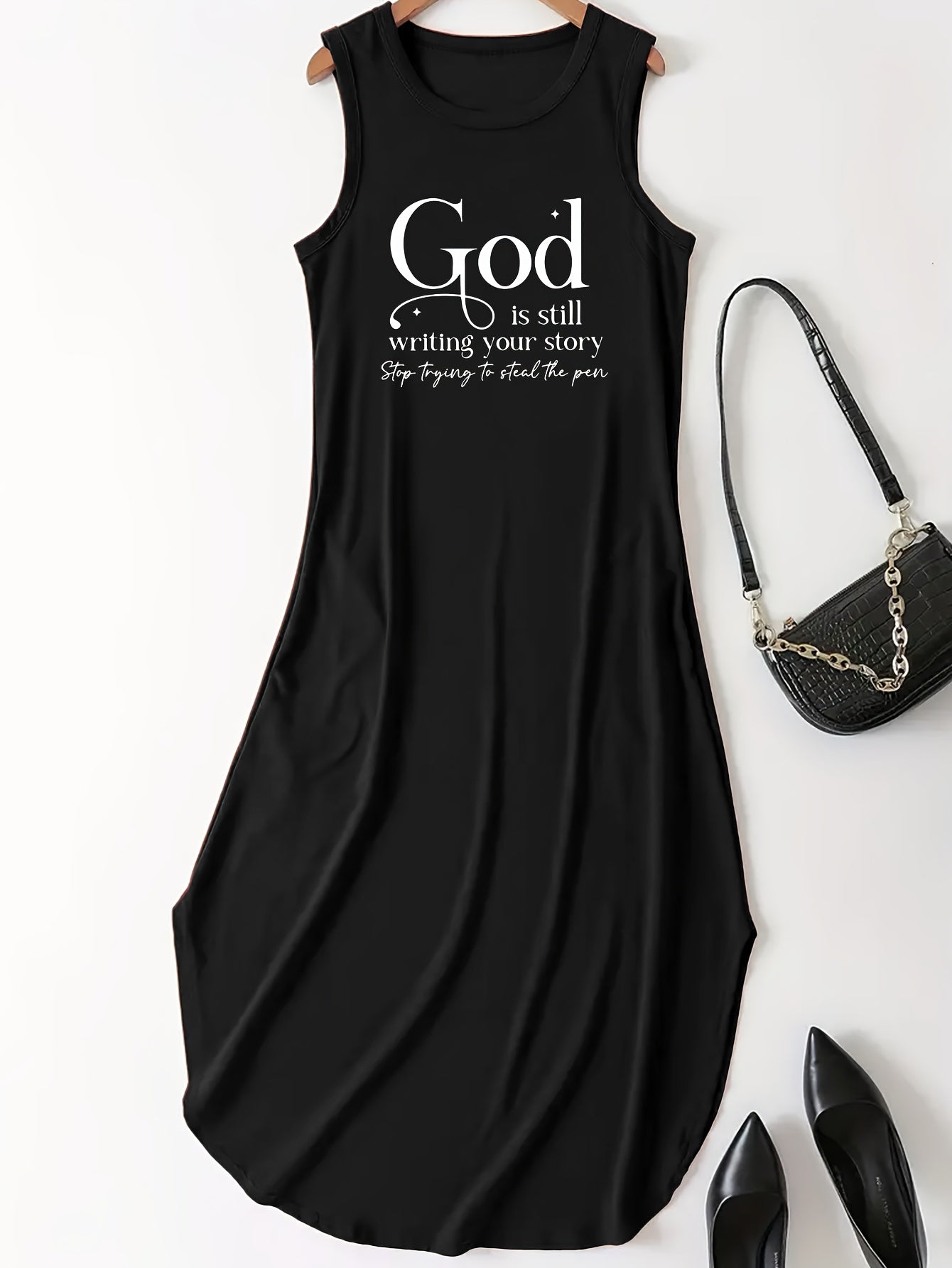 Letter Print Dress, Casual Crew Neck Sleeveless Maxi Dress, Women's Clothing