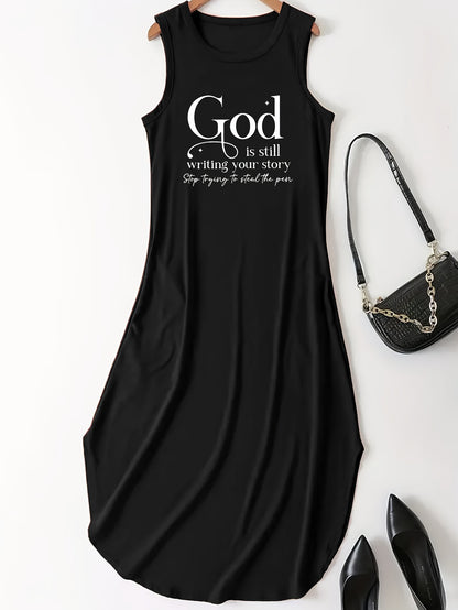 Letter Print Dress, Casual Crew Neck Sleeveless Maxi Dress, Women's Clothing