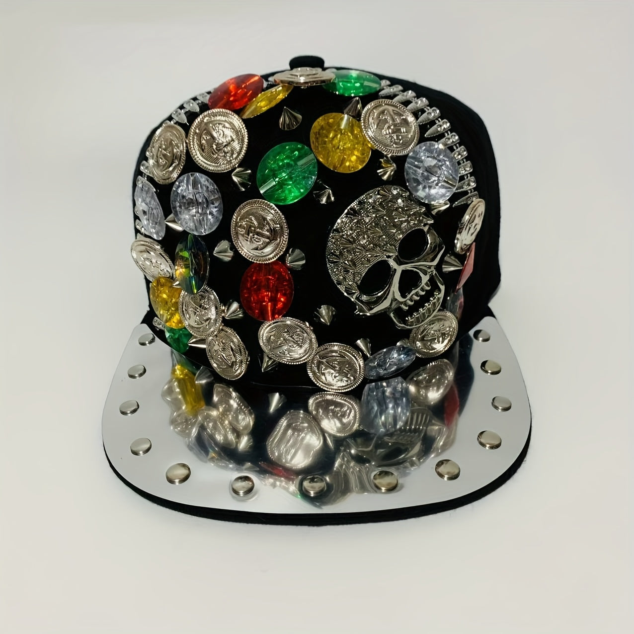 Handcrafted Rivet Studded Fashion Baseball Cap - Lightweight Polyester, Casual Street Style with Colorful Gemstones and Skull Motif for Dance and Performance