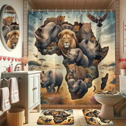 4pcs African Animal Totem Shower Curtain Set, Decoration Bathroom Set Includes 2D Flat Printed Shower Curtain, Non-Slip Floor Mat, Toilet Lid, Bathroom Mat And 12 Plastic Hooks, Bathroom Accessories, Home Decor, Dorm Room Dec
