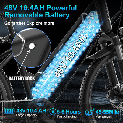 Adult Electric Bike - 749W Motor, 48V 10.4AH Battery, 22MPH & Up to 55 Miles Range! Equipped with LCD Display, Dual Suspension, 365 lbs Load Capacity, Perfect for Commuting and Off-Road Adventures.