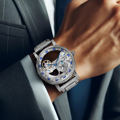 1pc Youth Men's Silvery Steel Strip Gorgeous Style Exquisite Double sided Hollow Perspective Fully Automatic Mechanical Watch