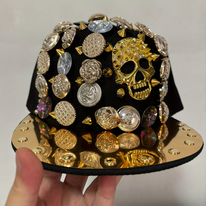 Handcrafted Rivet Studded Fashion Baseball Cap - Lightweight Polyester, Casual Street Style with Colorful Gemstones and Skull Motif for Dance and Performance