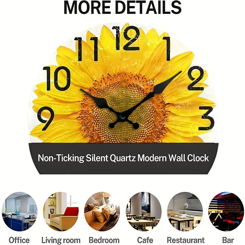 JFHT Large Sunflower Wall Clock - Silent Non-Ticking Modern Farmhouse Decor with Black Hands & Yellow Face, Easy-to-Read Large Numerals, Wood Round Clock for Living Room, Kitchen, Bedroom - (AA Battery Not Included) - Vibrant