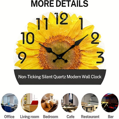 JFHT Large Sunflower Wall Clock - Silent Non-Ticking Modern Farmhouse Decor with Black Hands & Yellow Face, Easy-to-Read Large Numerals, Wood Round Clock for Living Room, Kitchen, Bedroom - (AA Battery Not Included) - Vibrant