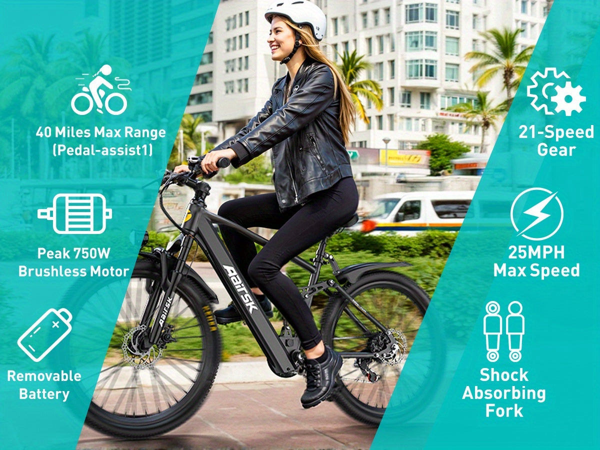 Aairsk Electric Bike 26inch, 25Mph Speed & Peak 748W Motor, 40 Miles Range &13Ah/10Ah Removable Battery, 21-Speed & Dual Suspension, Adult Teen Ebike Electric Mountain Bike, Electric Bike for Women, Electric Bikes for Men, Da