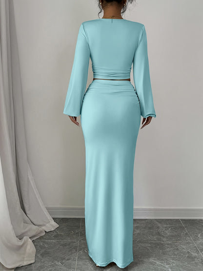 Women'S Elegant Slim-Fit V-Neck Long Sleeve Top & Pencil Skirt Two-Piece Set - Solid Light Blue, Structured Office to Semi-Formal Outfit, Tailored Silhouette for Spring/Autumn, Versatile Work to Semi-Formal Wear, Comfortable