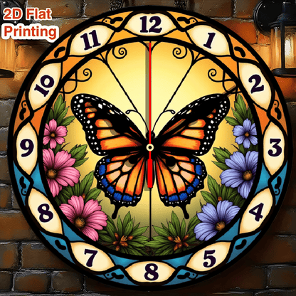 1pc Stained Glass Butterfly Suncatcher Wall Clock - 10 Inch Round Silent Non-Ticking Battery-Powered (AA Not Included) with Easy-to-Read Numerals, Multicolor (Orange/Pink/Purple/Green/Yellow) Floral Butterfly Design - Elegant