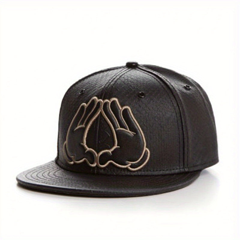 Women's Black Statement Fashion Double Hand Design Flat Brim Baseball Cap with Golden Hands & Praying Hands Emblem - Adjustable Snapback,, -like Texture for Outdoor Sports, Travel, Street Dance - Stylish & Functional Casual H