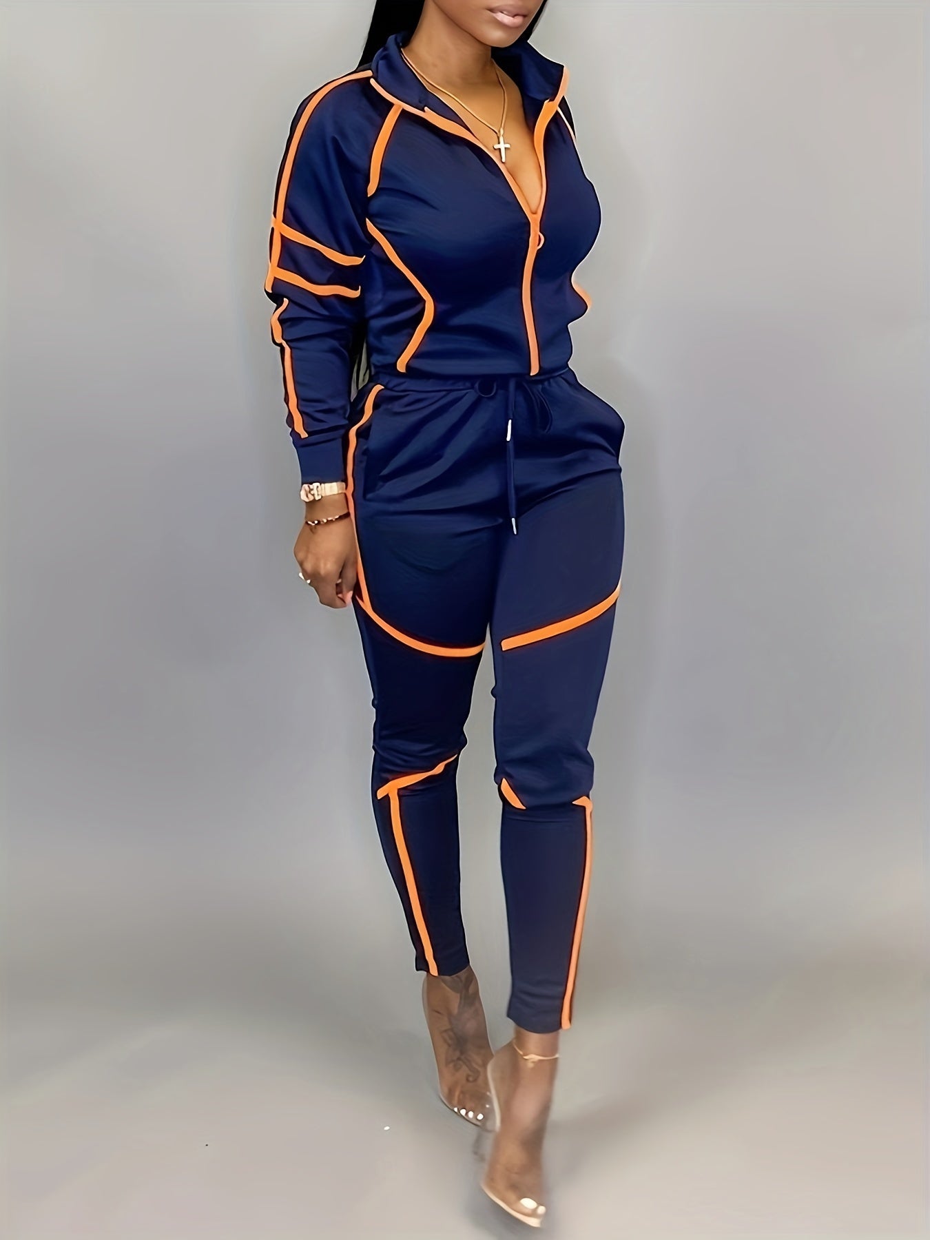 Contrast Trim Casual Spring & Fall Two-piece Set, Zip Front Long Sleeve Top & Slim Pants Outfits, Women's Clothing