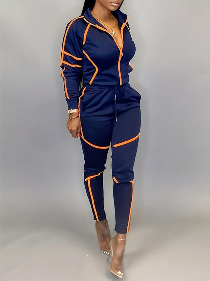 Contrast Trim Casual Spring & Fall Two-piece Set, Zip Front Long Sleeve Top & Slim Pants Outfits, Women's Clothing