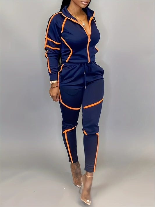 Contrast Trim Casual Spring & Fall Two-piece Set, Zip Front Long Sleeve Top & Slim Pants Outfits, Women's Clothing