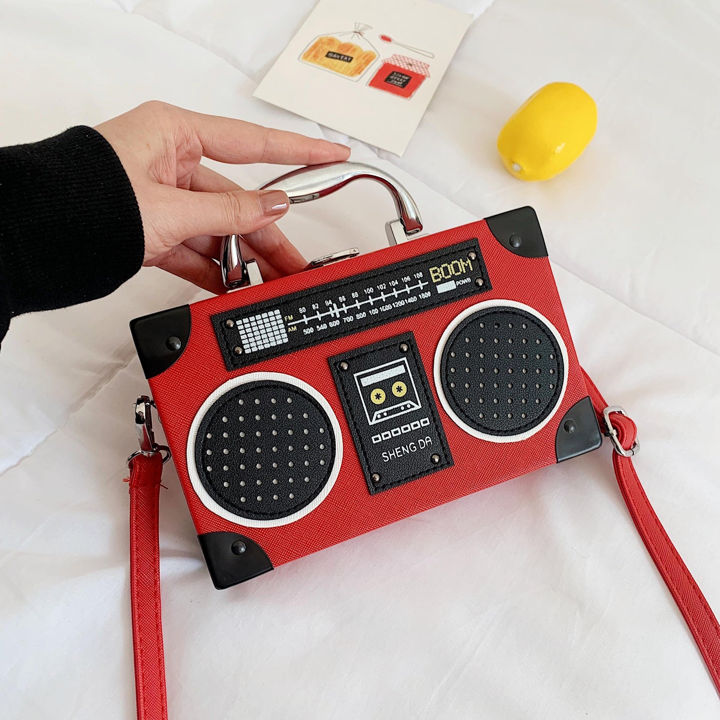 Women's Crossbody Bag with Vintage Boombox Design - Messenger Purse, Chain-like Hardware, Compact Everyday Bag for Women (Black/Red) - Retro '00s Nostalgia Shoulder Bag, Crossbody Purse, Sturdy Strap Design