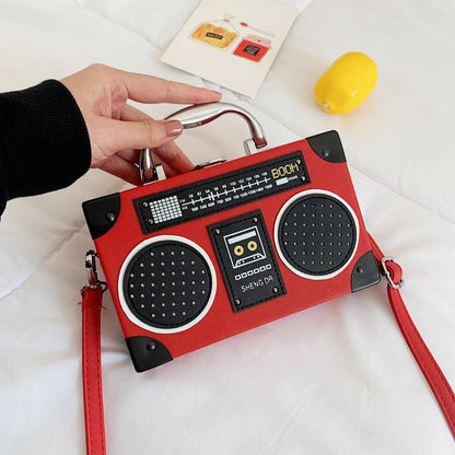 Women's Crossbody Bag with Vintage Boombox Design - Messenger Purse, Chain-like Hardware, Compact Everyday Bag for Women (Black/Red) - Retro '00s Nostalgia Shoulder Bag, Crossbody Purse, Sturdy Strap Design