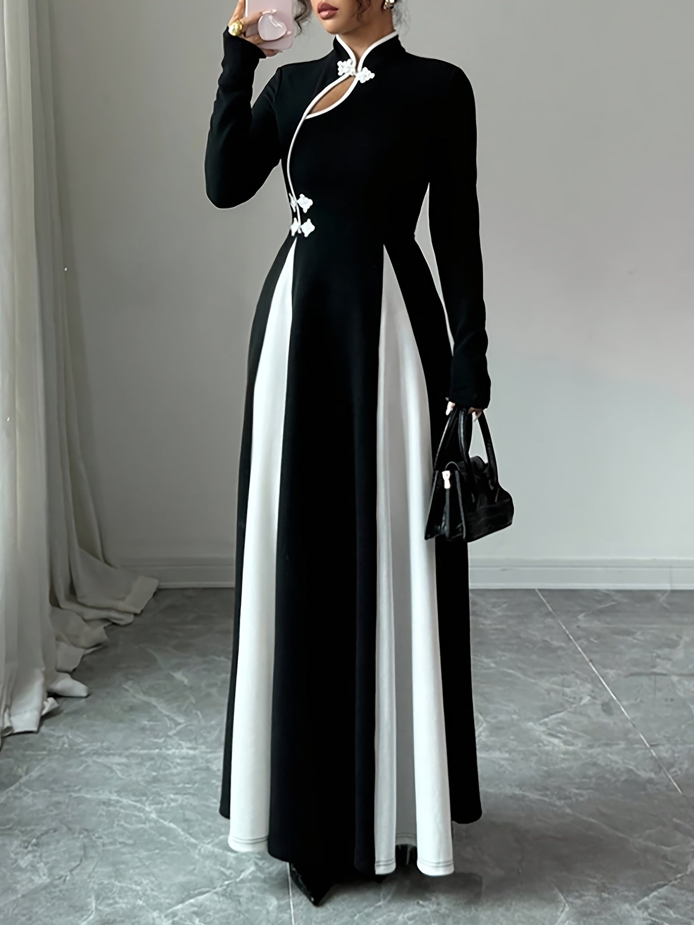 Women'S Elegant Chinese-Inspired A-Line Maxi Dress with Asymmetrical Hem & Stand Collar - Black & White Color Block, Long Sleeve, Round Neck, All-Season Versatile
