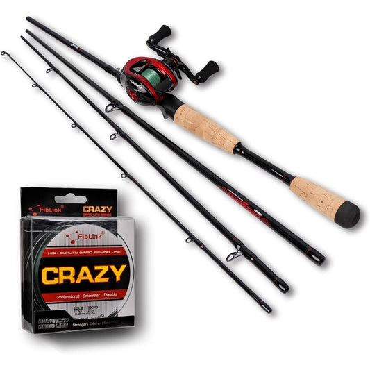 Baitcasting Fishing Rod and Reel Combo, 4 - Piece Portable Travel Casting Rod, Baitcasting Combo