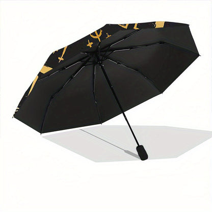 Viking Vegvisir Compass Umbrella - Cartoon Design, Portable Folding with Durable Iron Frame & 8 Ribs, All-Season Use for Home, Travel, Outdoor - Black with Golden Accents, Travel Umbrella, Outdoor Protection, Cartoon Umbrella
