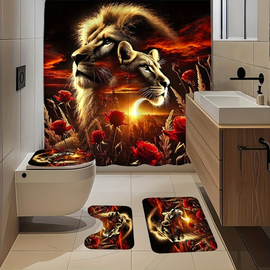 1/4pcs Tiger Pattern Shower Curtain, Shower Curtain Set, Waterproof Polyester Shower Curtain With 12 Hooks, Non Slip Floor Mat, Toilet U-shaped Pad, Toilet Lid Pad, Room Decor, Bathroom Accessory Sets, Bathroom Decor 71x71 In