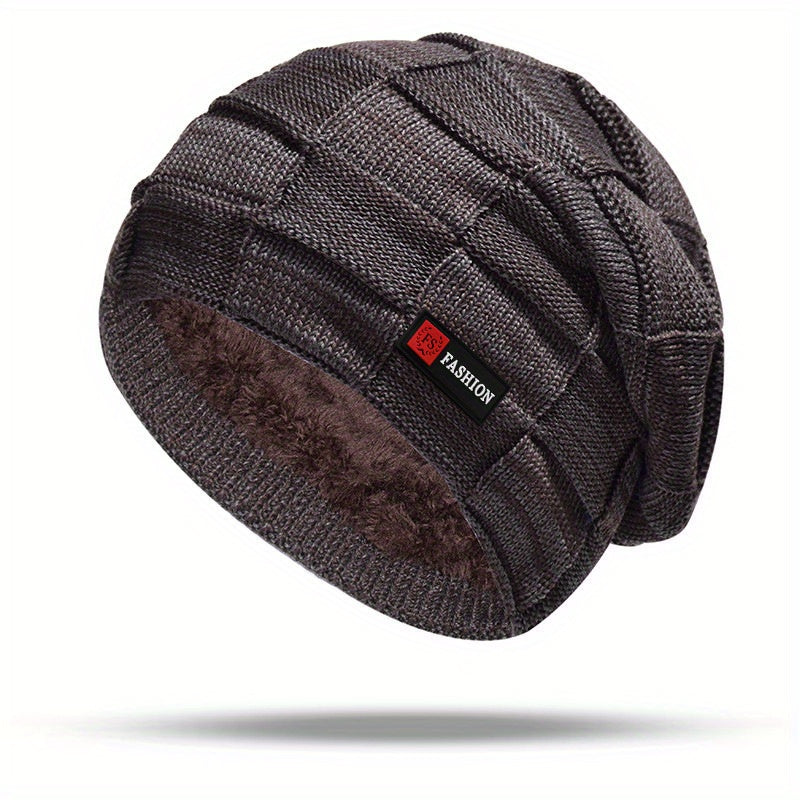 Men's Black Cable-Knit Winter Hat with Ear Flaps & Red Label-Like Patch - Soft Warm Beanie for Cold Weather, Durable Textile Material, Versatile for Sports & Everyday Use - Ideal Gift for Men (Hand Wash/Dry Clean)