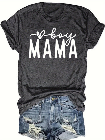 Mama Print Crew Neck T-shirt, Casual Short Sleeve Top For Spring & Summer, Women's Clothing