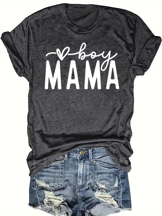Mama Print Crew Neck T-shirt, Casual Short Sleeve Top For Spring & Summer, Women's Clothing