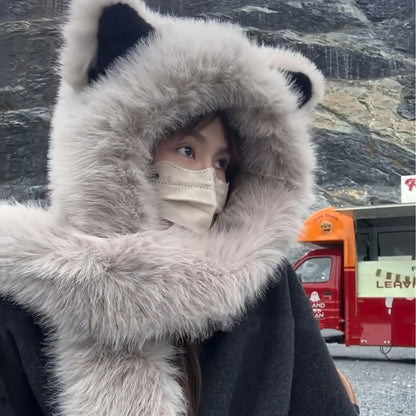 [Cat Ear Hat Scarf] A Soft Polyester Faux Fur Cat Ear Hat with an Integrated Scarf, Suitable for Both Men And Women in Winter, Stylish And Unisex, Lightweight, with a Closure, Perfect for Singles Parties.