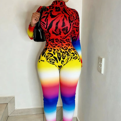 Plus Size - Women'S Luxe Elegant Jumpsuit | Stretchy Comfortable Lightweight, 2D Print Luxe Graffiti Animal Print, All-Season Versatile, Casual & Bold Presence, Crew Neck, All-Over Print