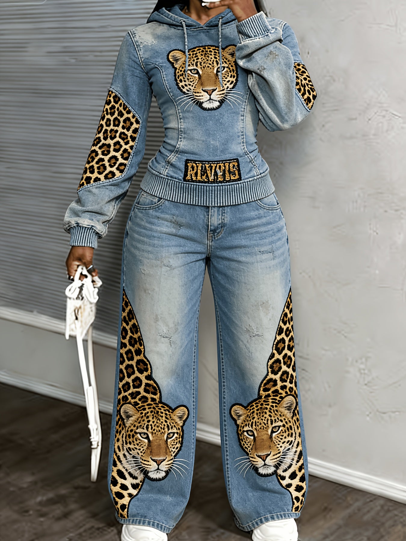 [Printed Pants - Not Denim Fabric] [Non-denim] Women's Flat Print Trendy Casual Long-Sleeved Hooded Drawstring Sport Top + High-Waisted Sport Pants]
