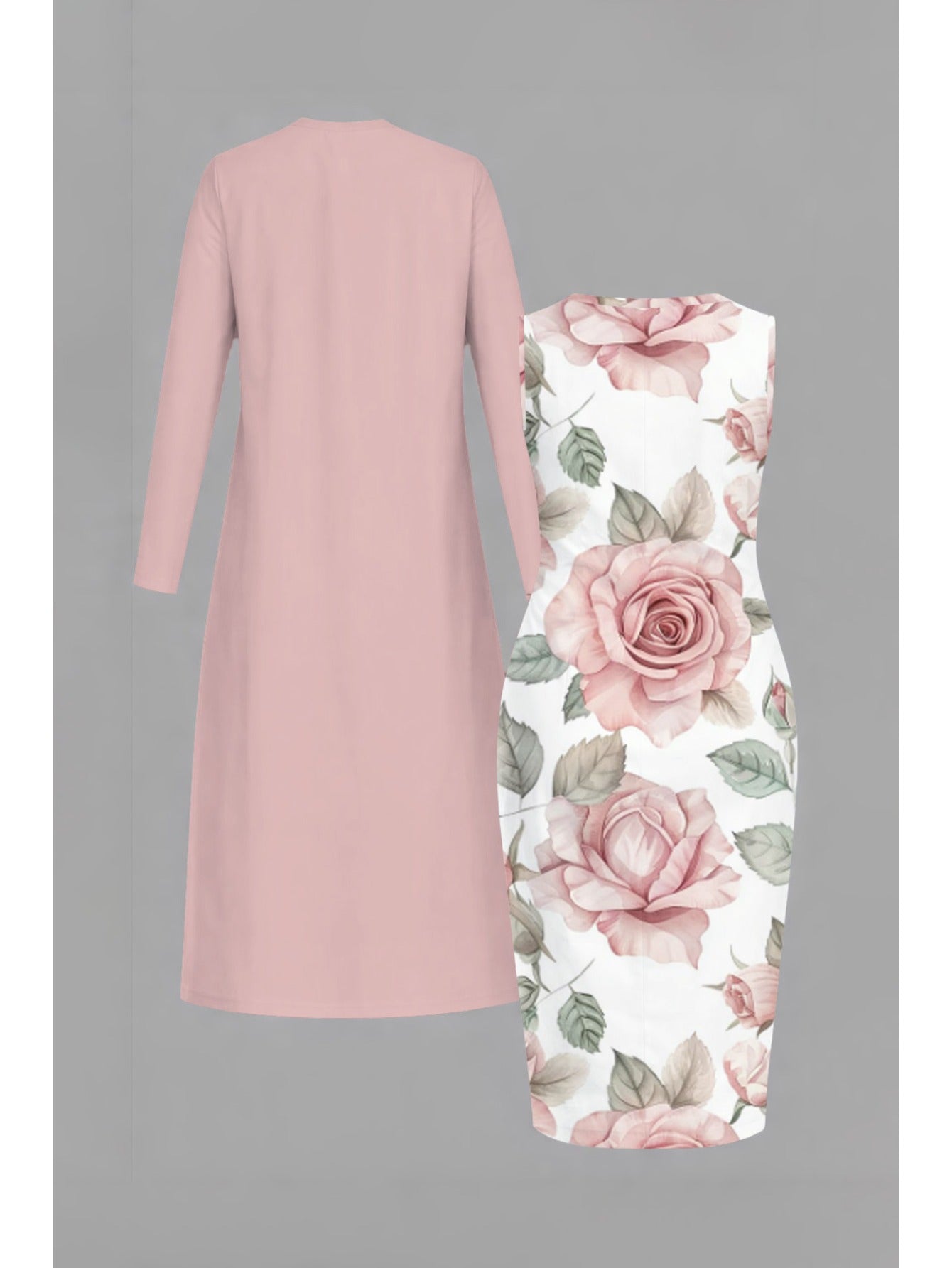 [Hot Item, Plus-Size Dress 2pcs Set] Fashionable, Elegant, and Classy Long Cardigan + Cinched-waist Long Dress Set. A Versatile Casual Outfit Perfect for Holidays, Creating Multiple Styles with One Set. Available in Sizes 1XL