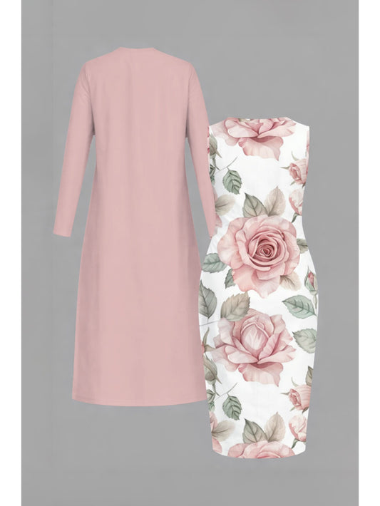[Hot Item, Plus-Size Dress 2pcs Set] Fashionable, Elegant, and Classy Long Cardigan + Cinched-waist Long Dress Set. A Versatile Casual Outfit Perfect for Holidays, Creating Multiple Styles with One Set. Available in Sizes 1XL