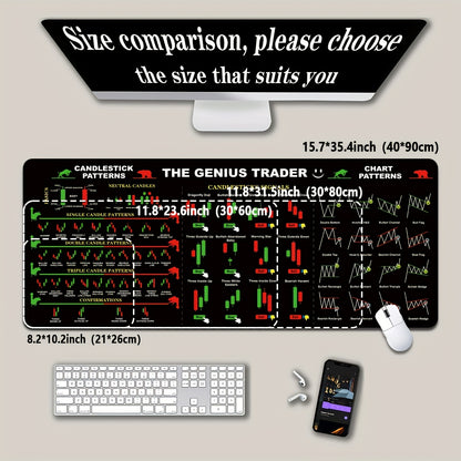 1pc Black Extra Large Mouse Pad Durable Stock Trading Candle Chart & Pattern Memo Pad Laptop Office Keyboard Mat Desk Mat High-Definition Print - Back Rubber Non-Slip Edge Precision Stitching XL XXL - Suitable for Home Office
