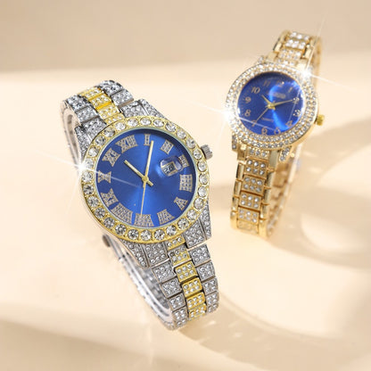 2pcs/ set, Couple Watches Sets, Luxury Rhinestone Setting Stainless Steel Strap Quartz Watches Analog Elegant Round Dial Design Wristwatch, Middle East, Ramadan Ideal Choice for Gifts.